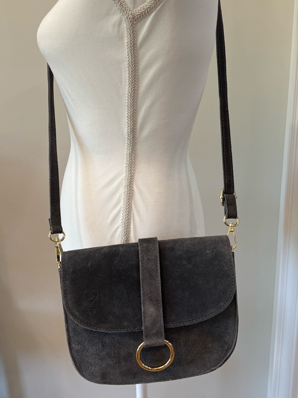 Borse In Pelle Crossbody Bag, Gray Suede, Made in Italy, NWOT